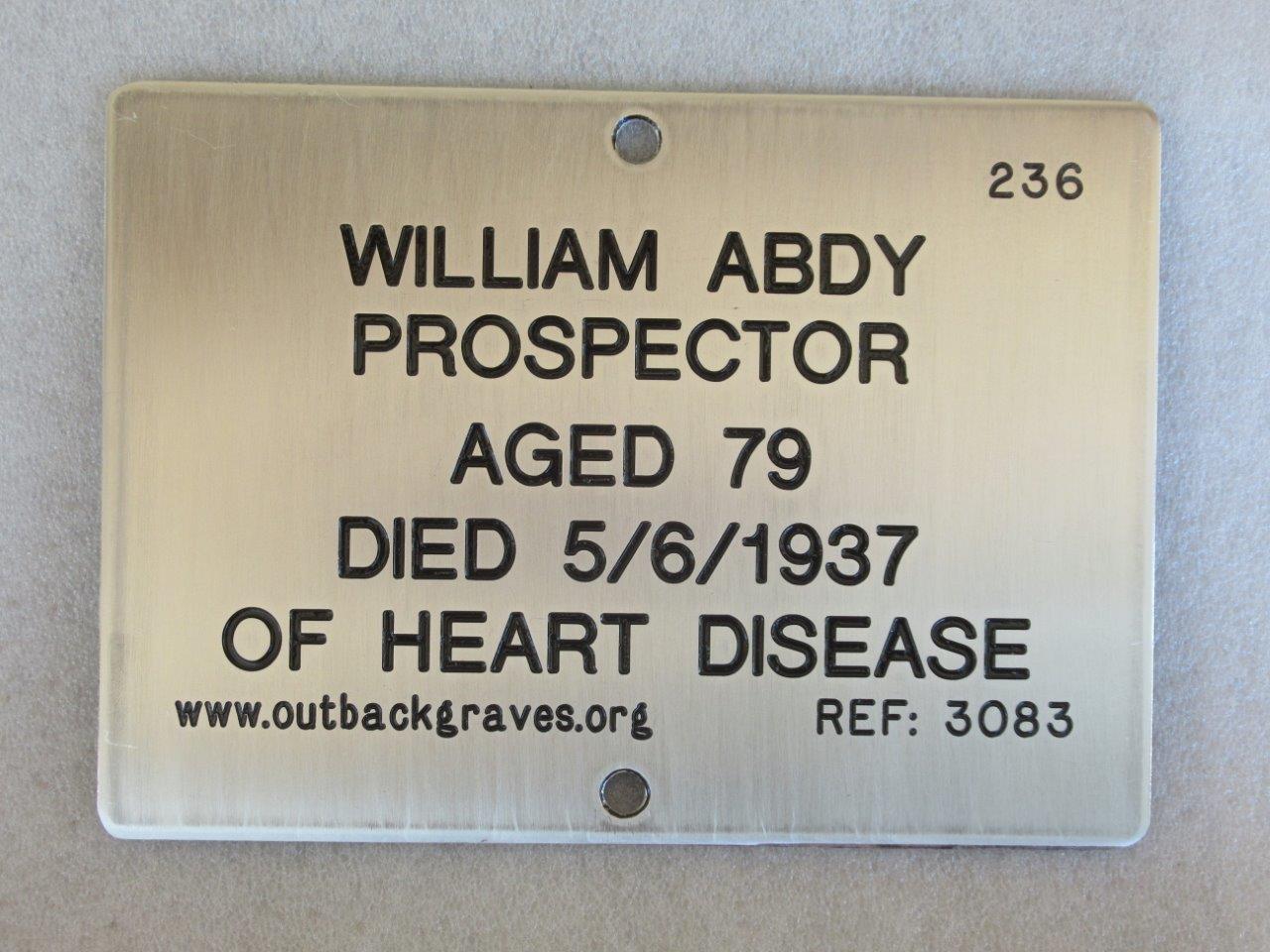 This is a photograph of plaque number 3083 for WILLIAM ABDY at WILUNA