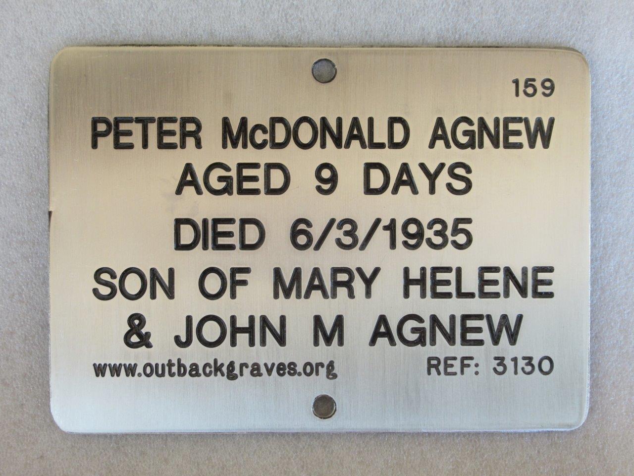 This is a photograph of plaque number 3130 for PETER McDONALD AGNEW at WILUNA