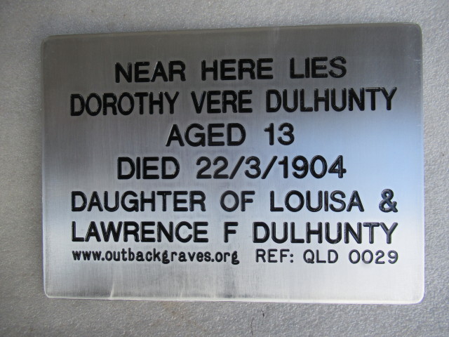 This is a photograph of plaque number QLD 0029 for DOROTHY VERE DULHUNTY at LANGLO CROSSING